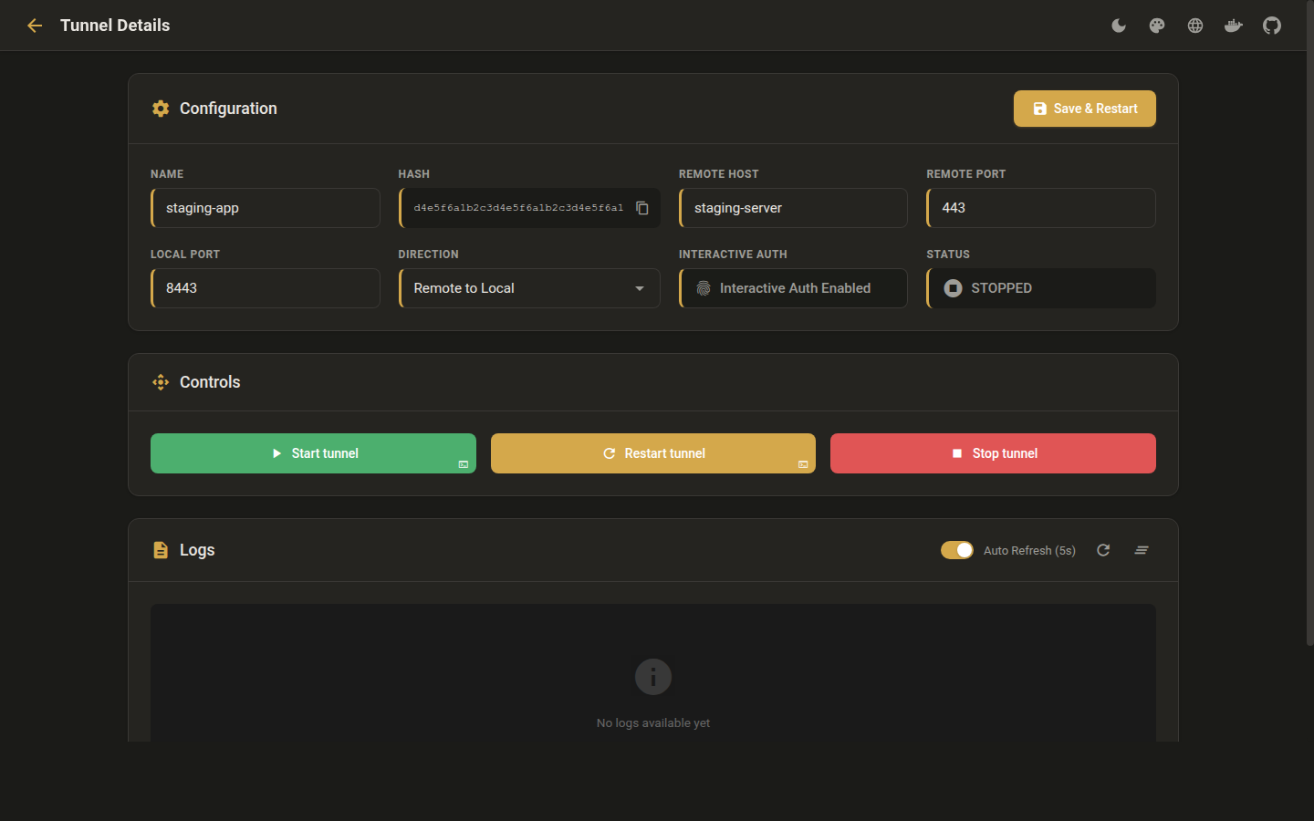 Tunnel Detail Page (Dark Theme)